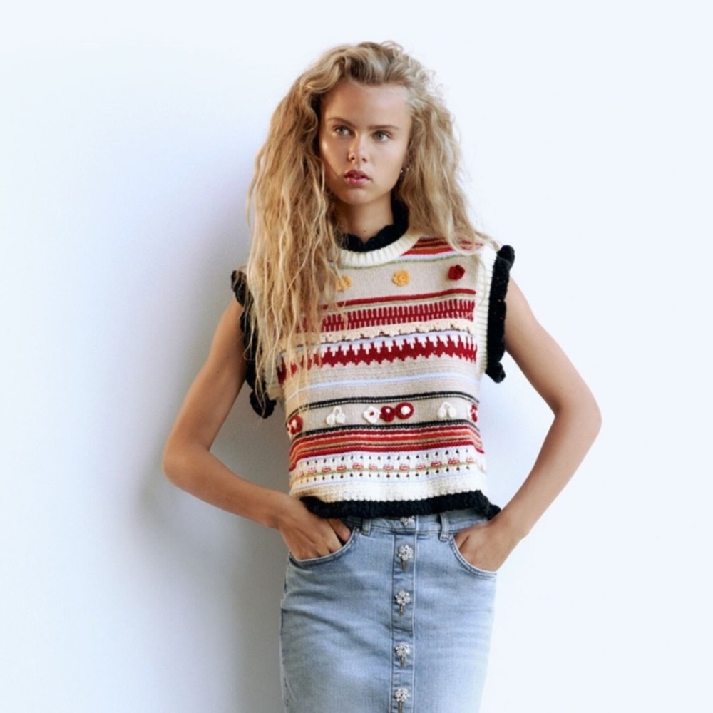 ZARA Handcrafted Textured Knit Multicolor Sweater Vest